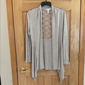 Ambiance Apparel - Women's Beige Open Front Cardigan - Lace Back - Large